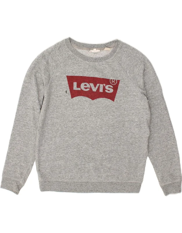 LEVI'S Womens Graphic Sweatshirt Jumper UK 16 Large Grey Hoodie with Strings Custom Fit Adjustable