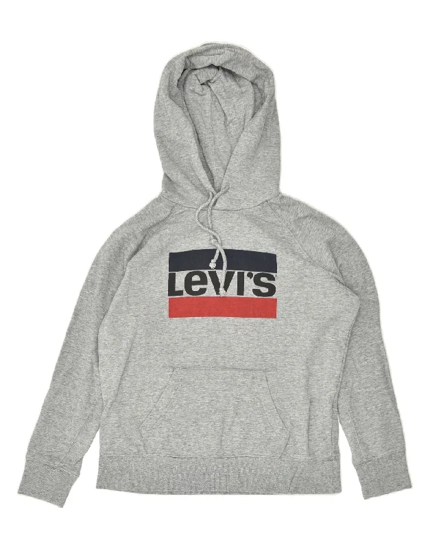 LEVI'S Womens Oversized Graphic Hoodie Jumper UK 10 Small Grey Cotton Hoodie with Metallic Shiny Futuristic