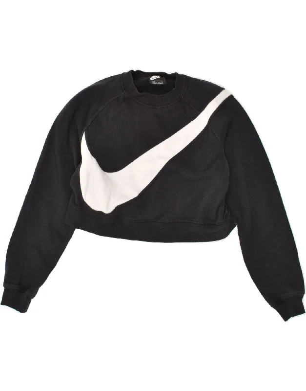 NIKE Womens Crop Graphic Sweatshirt Jumper UK 10 Small Black Cotton Hoodie with Half-Zip Sporty Casual