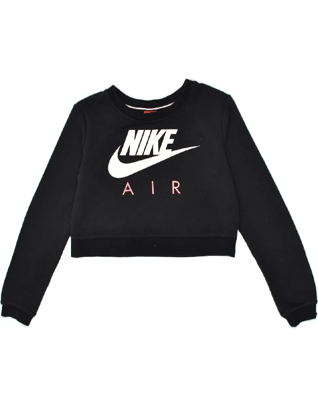 NIKE Womens Graphic Crop Sweatshirt Jumper UK 10 Small Black Cotton Hoodie with Zipper Placket Modern Functional