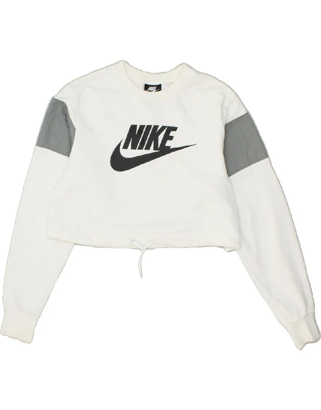 NIKE Womens Graphic Crop Sweatshirt Jumper UK 6 XS White Colourblock Hoodie with Relaxed Fit Easy Casual