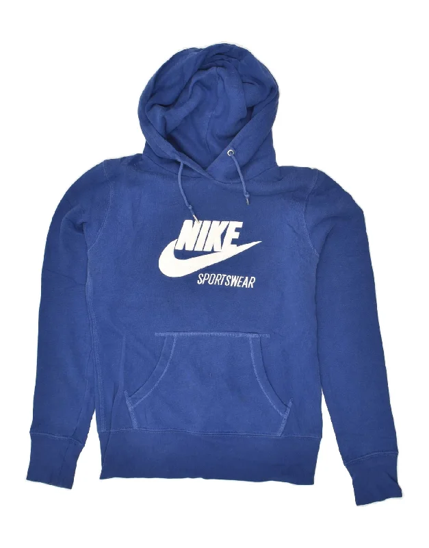 NIKE Womens Graphic Hoodie Jumper UK 10 Small Blue Cotton Hoodie with Raw Hem Edgy Unfinished