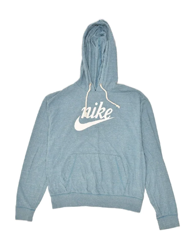 NIKE Womens Graphic Hoodie Jumper UK 14 Medium Blue Flecked Cotton Hoodie with Mock Neck Collared Structured