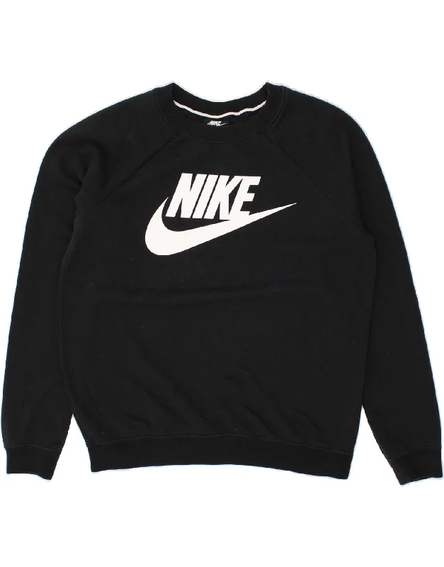 NIKE Womens Graphic Sweatshirt Jumper UK 10 Small Black Hoodie with V-Neck Classic Versatile