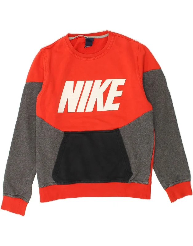 NIKE Womens Graphic Sweatshirt Jumper UK 10 Small Red Colourblock Cotton Hoodie with Velcro Closure Adjustable Secure