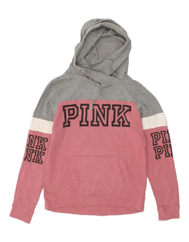 PINK Womens Graphic Hoodie Jumper UK 6 XS Pink Colourblock Cotton Hoodie with Contrast Stitching Detailed Premium