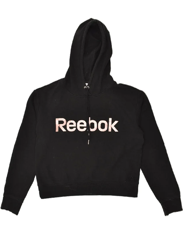 REEBOK Womens Graphic Hoodie Jumper UK 20 2XL Black Cotton Oversized Hoodie Comfort Casual