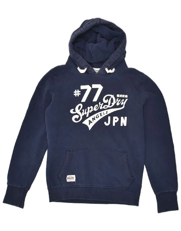 SUPERDRY Womens Graphic Hoodie Jumper UK 14 Large Navy Blue Cotton Hoodie with Double Zipper Versatile Adjustable