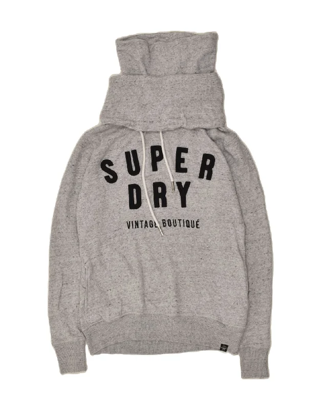 SUPERDRY Womens Graphic Roll Neck Hoodie Jumper UK 14 Medium Grey Cotton Hoodie with Puffed Sleeves Voluminous Trendy