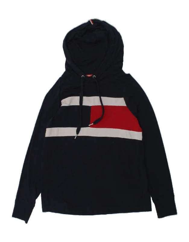 TOMMY HILFIGER Womens Graphic Hoodie Jumper UK 6 XS Navy Blue Colourblock Hoodie with Drawcord Adjustable Secure