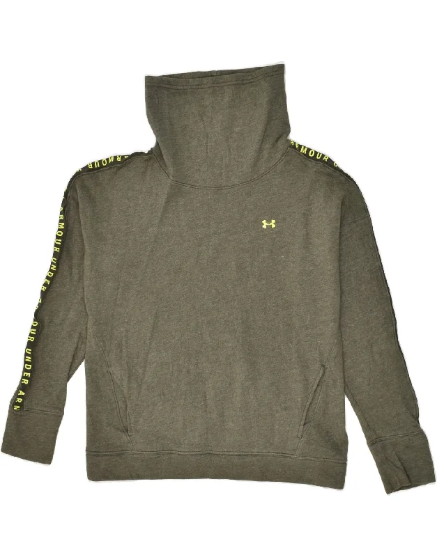 UNDER ARMOUR Womens Cowl Neck Sweatshirt Jumper UK 16 Large Khaki Flecked Hoodie with Hem Drawcord Adjustable Customizable