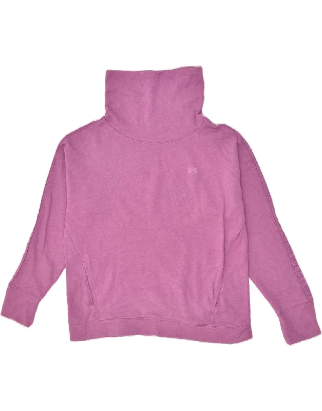 UNDER ARMOUR Womens Cowl Neck Sweatshirt Jumper UK 16 Large Pink Cotton Hoodie with Hem Detail Decorative Unique