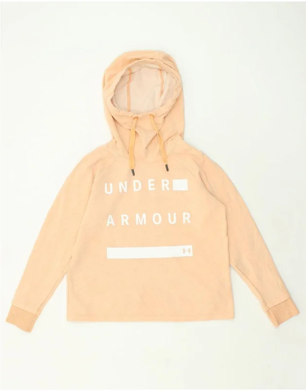 UNDER ARMOUR Womens Graphic Hoodie Jumper UK 10 Small Beige Cotton Hoodie with Print Artistic Unique