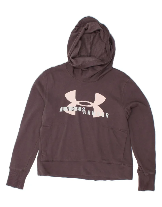 UNDER ARMOUR Womens Graphic Hoodie Jumper UK 10 Small Brown Hoodie with Hem Elastic Stretchable Comfortable