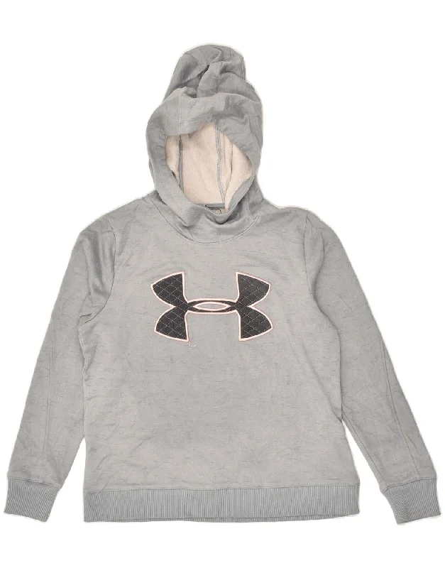 UNDER ARMOUR Womens Graphic Hoodie Jumper UK 10 Small Grey Polyester Hoodie with Hem Contrast Bold Stylish