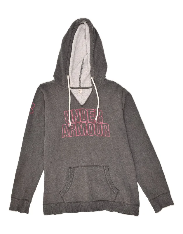 UNDER ARMOUR Womens Graphic Hoodie Jumper UK 14 Medium Grey Hoodie with Back Slit Movement Comfort