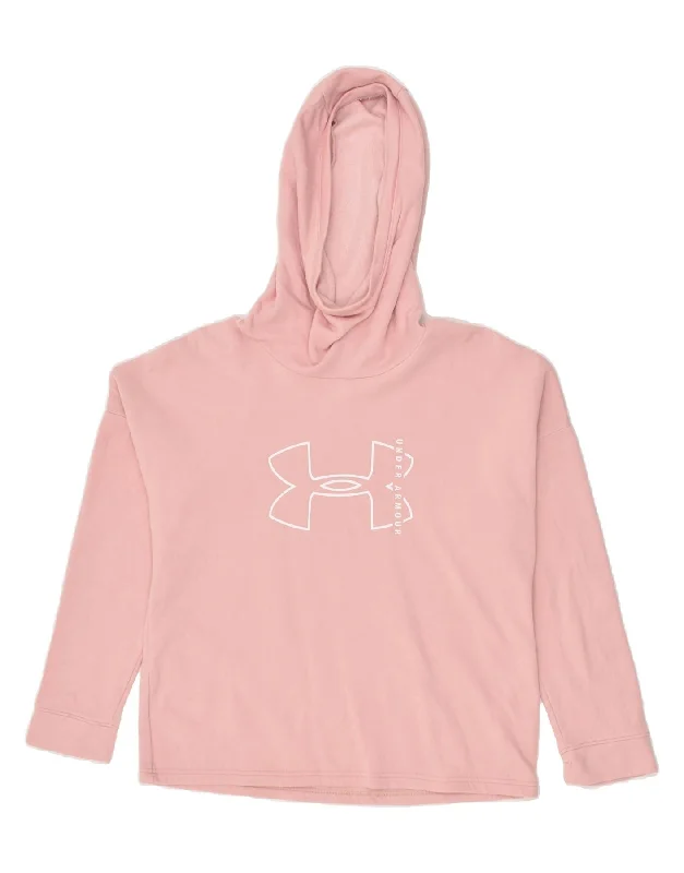 UNDER ARMOUR Womens Graphic Hoodie Jumper UK 14 Medium Pink Cotton Hoodie with Applique Textured Unique