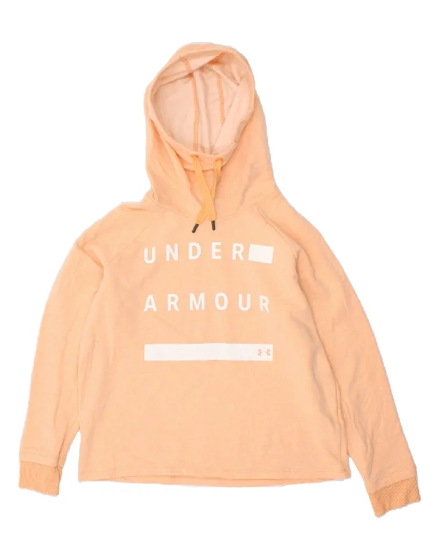 UNDER ARMOUR Womens Graphic Hoodie Jumper UK 16 Large Orange Cotton Hoodie with Applique Textured Unique