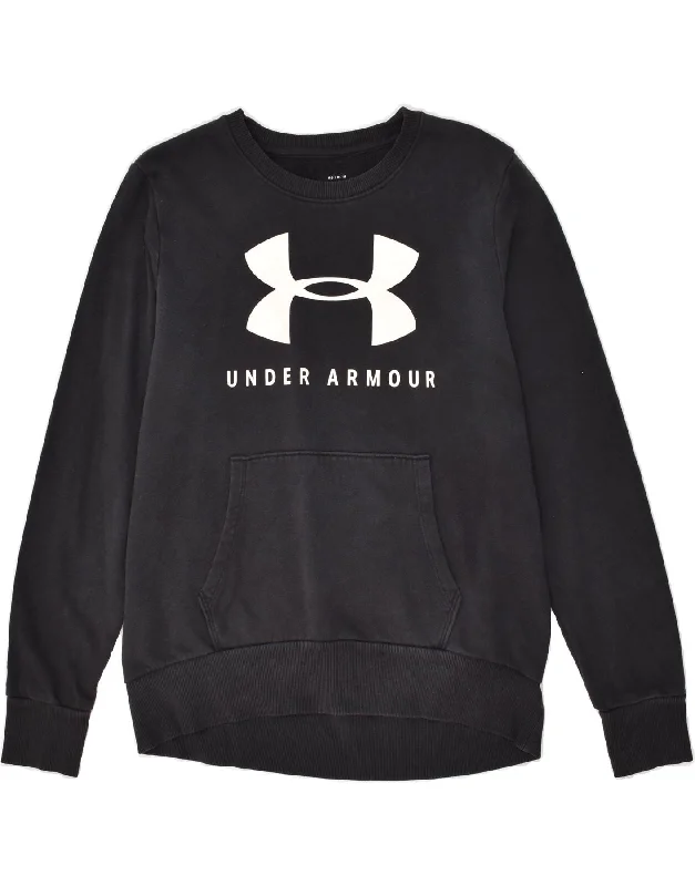 UNDER ARMOUR Womens Graphic Sweatshirt Jumper UK 14 Medium Black Cotton Hoodie with Typography Text Message