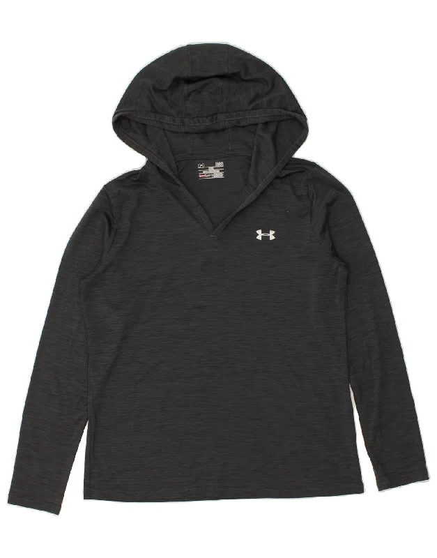 UNDER ARMOUR Womens Heat Gear Hoodie Jumper UK 16 Large Grey Pinstripe Hoodie with Hem Embroidery Detailed Premium