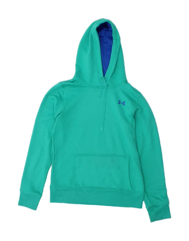 UNDER ARMOUR Womens Hoodie Jumper UK 12 Medium Turquoise Cotton Hoodie with Pattern Geometric Abstract