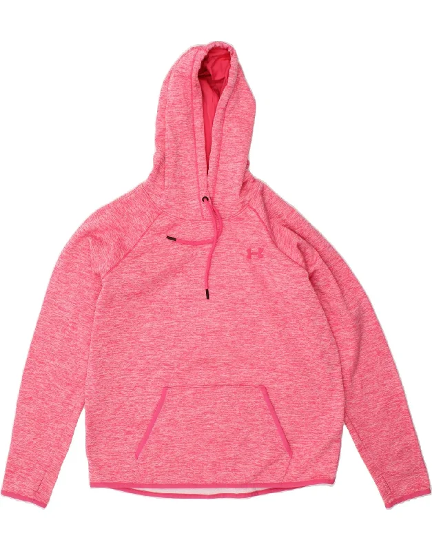 UNDER ARMOUR Womens Hoodie Jumper UK 16 Large Pink Flecked Polyester Hoodie with Typography Text Message