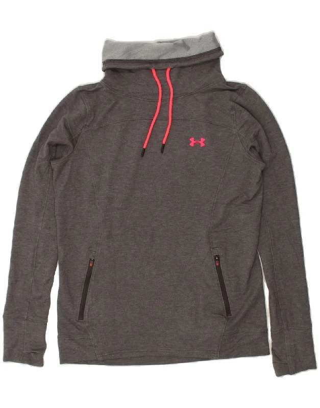 UNDER ARMOUR Womens Roll Neck Sweatshirt Jumper UK 14 Medium Grey Hoodie with Distressed Vintage Worn