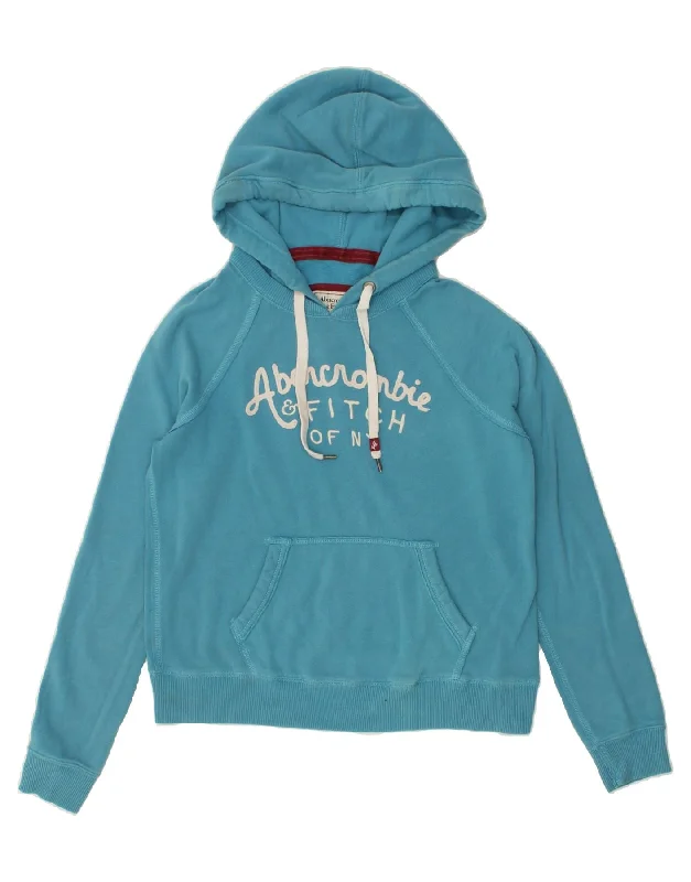 ABERCROMBIE & FITCH Womens Graphic Hoodie Jumper UK 14 Large Blue Cotton Hoodie with Metallic Shiny Futuristic