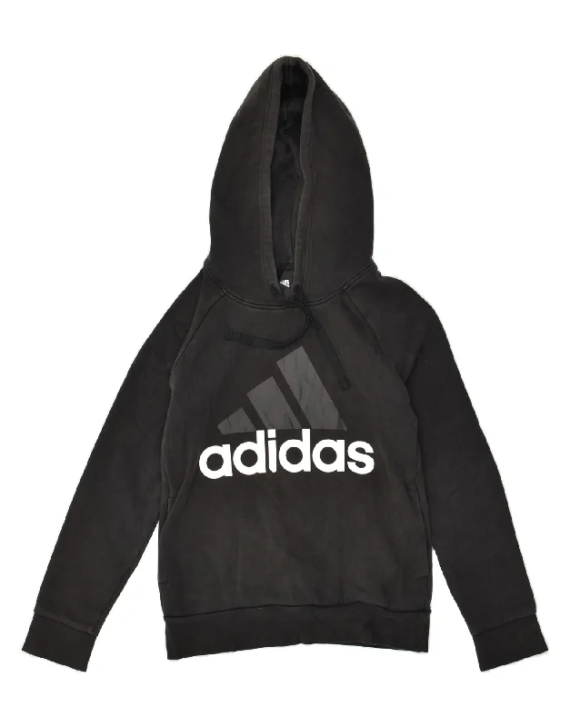 ADIDAS Womens Graphic Hoodie Jumper UK 8/10 Small Black Cotton Hoodie with Thumb Holes Functional Cozy