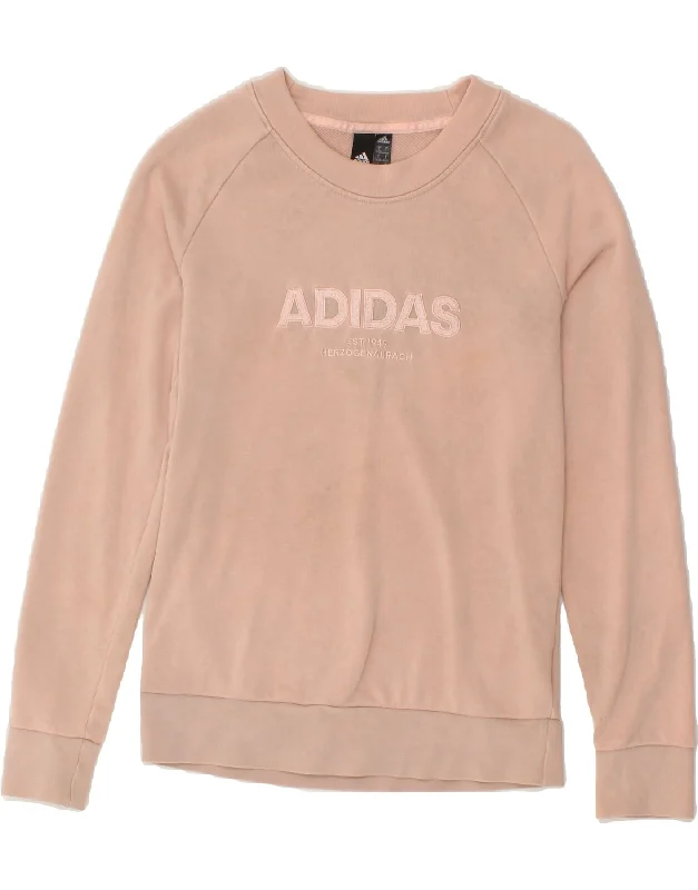 ADIDAS Womens Graphic Sweatshirt Jumper UK 8/10 Small Beige Cotton Hoodie with Hem Drawcord Adjustable Customizable