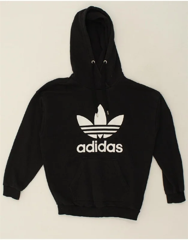 ADIDAS Womens Oversized Graphic Hoodie Jumper UK 10 Small Black Cotton Hooded Sweatshirt Casual Wear Street Style