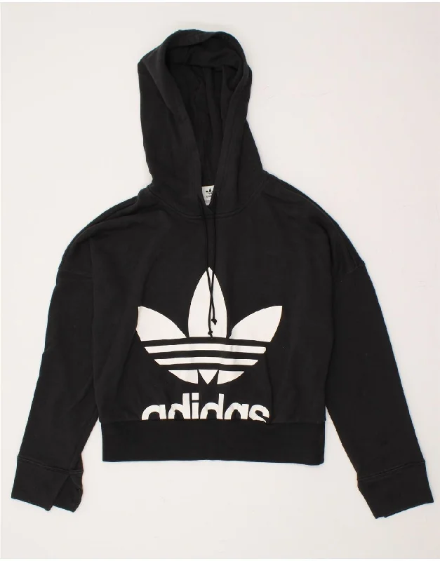 ADIDAS Womens Oversized Graphic Hoodie Jumper UK 10 Small Black Cotton Hoodie with Hem Applique Textured Unique