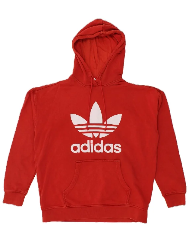 ADIDAS Womens Oversized Graphic Hoodie Jumper UK 10 Small Red Cotton Hoodie with Hem Raw Edge Edgy Unfinished