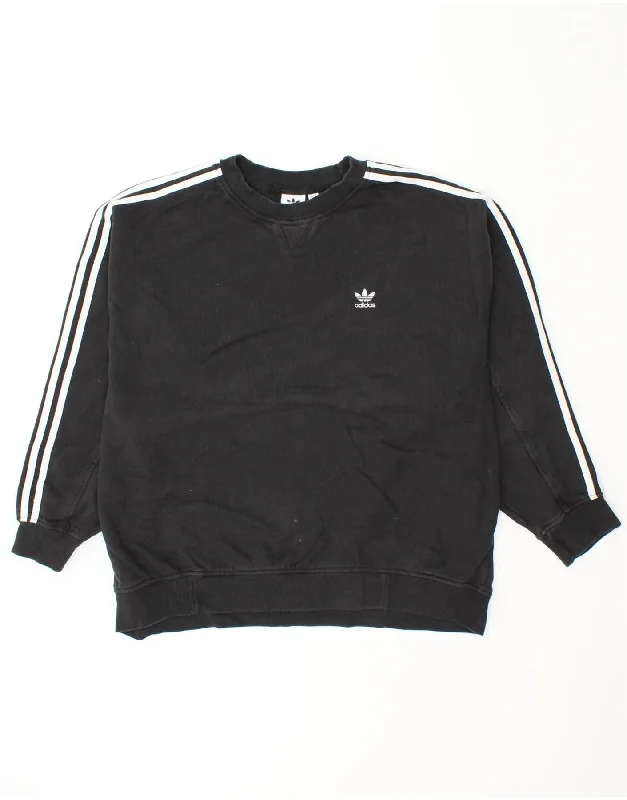 ADIDAS Womens Sweatshirt Jumper UK 14 Large  Black Cotton Hoodie with Hem Applique Textured Unique