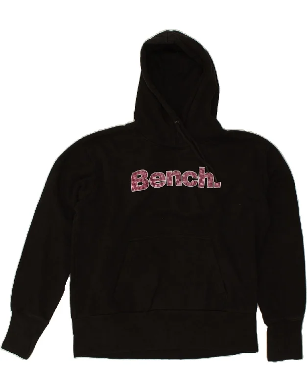 BENCH Womens Loose Fit Graphic Hoodie Jumper UK 16 Large Black Cotton Hoodie with Set-In Sleeves Structured Classic