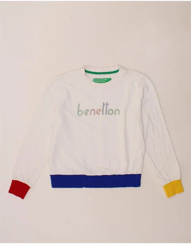 BENETTON Womens Graphic Sweatshirt Jumper UK 14 Medium White Colourblock Hoodie with Pocket Utility Practical