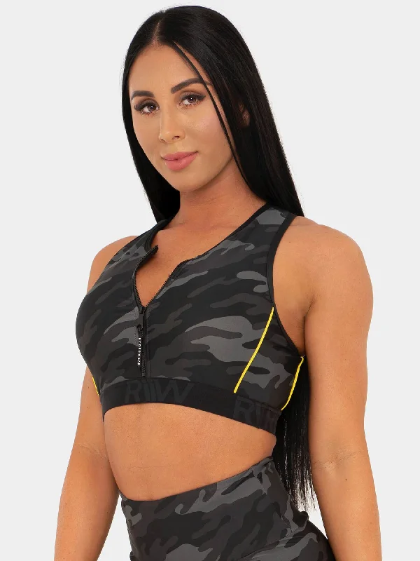 BFCAMO Zip Up Sports Bra - Camo Breathable Wireless Bra