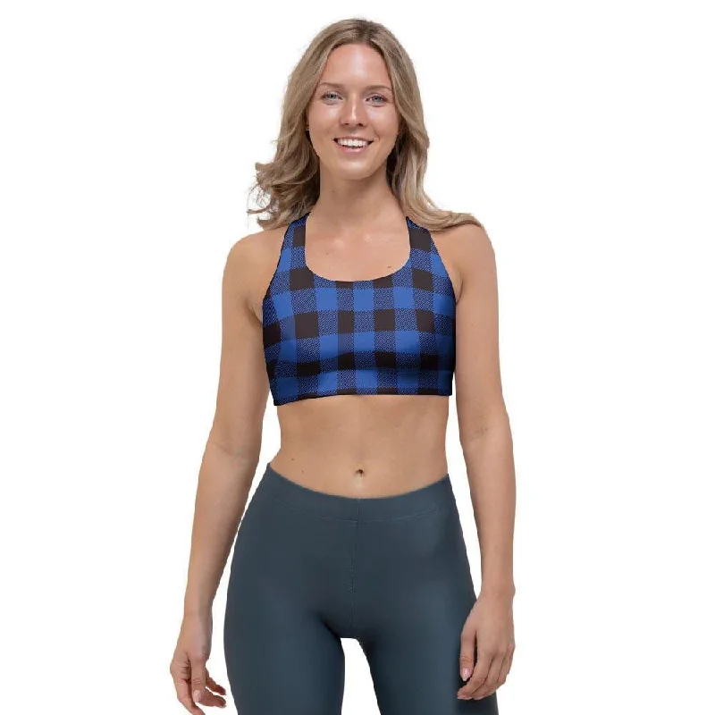 Blue Plaid Sports Bra Breathable Full Coverage