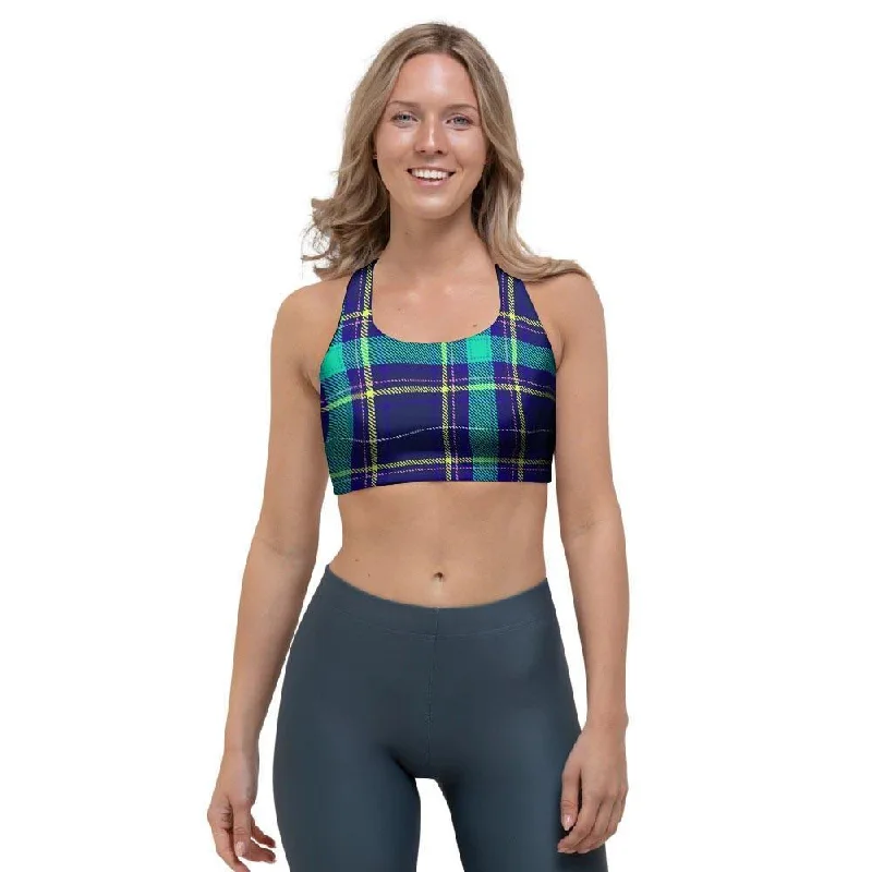 Blue Plaid Tartan Print Sports Bra Versatile Bralette Set