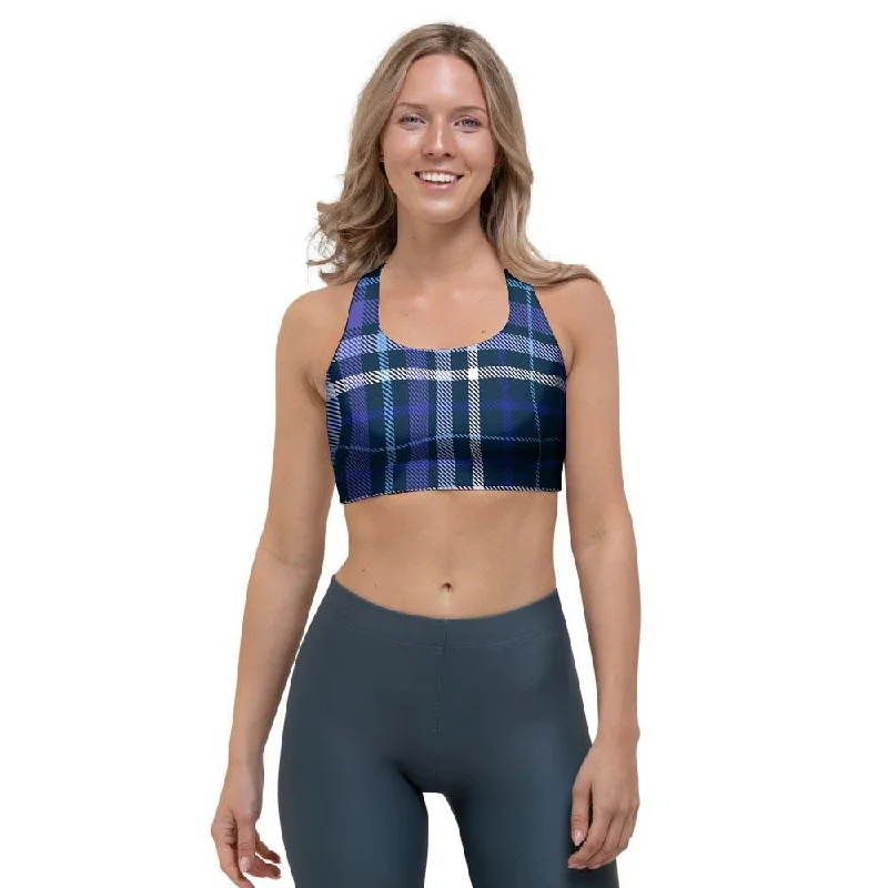 Blue Plaid Tartan Sports Bra Soft Mesh Bra