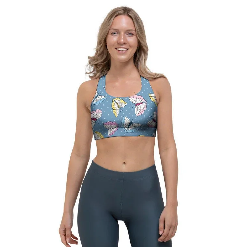 Blue Polka Dots Butterfly Print Sports Bra Padded Push-Up Bra