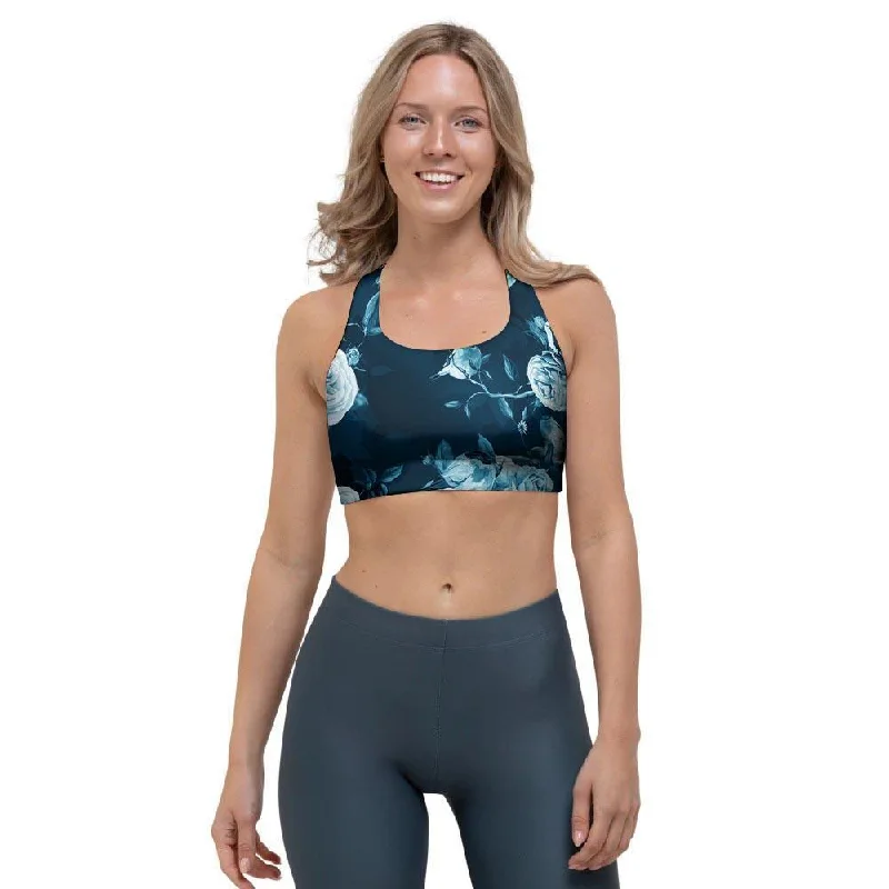 Blue Rose Floral Print Sports Bra Breathable Wireless Bra