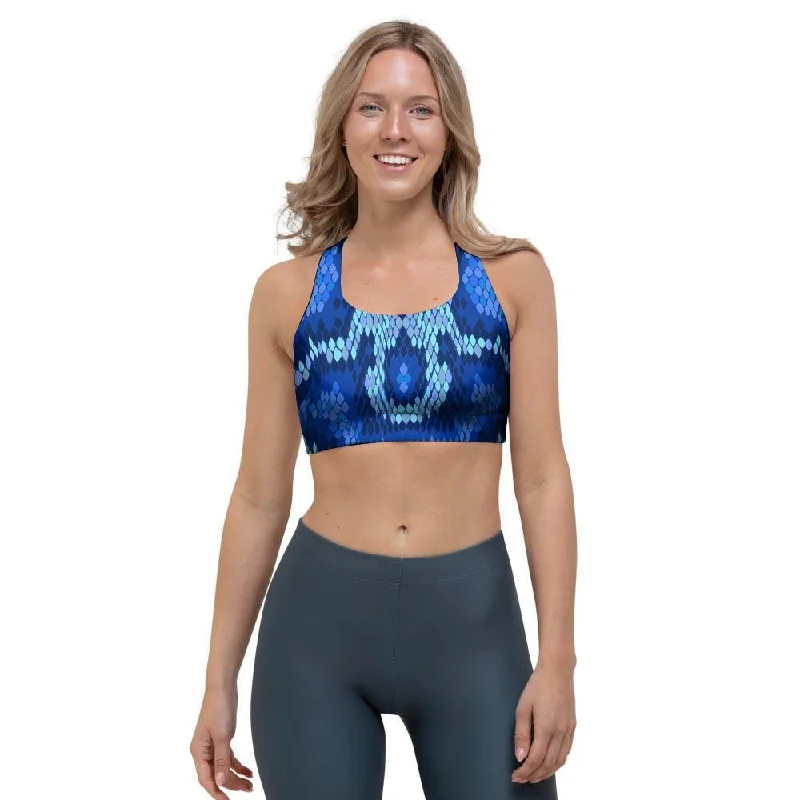 Blue Snakeskin Print Sports Bra Sexy Mesh Bra