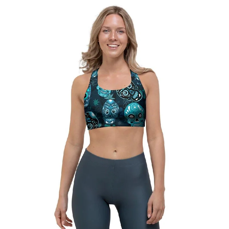 Blue Sugar Skull Print Sports Bra Lightly Padded Bra