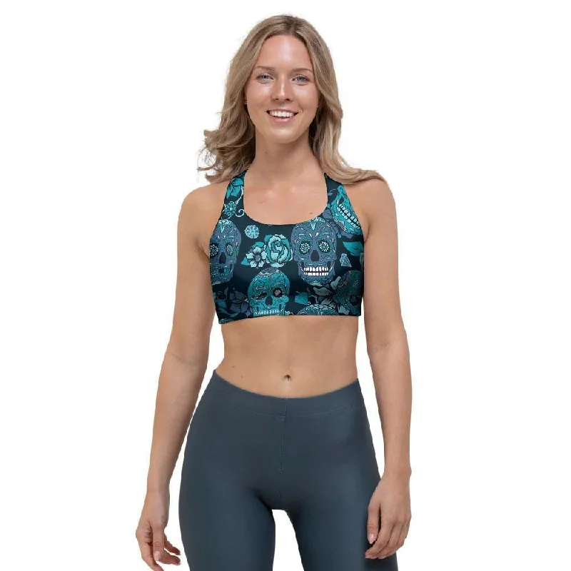 Blue Sugar Skull Sports Bra Casual Bralette Set