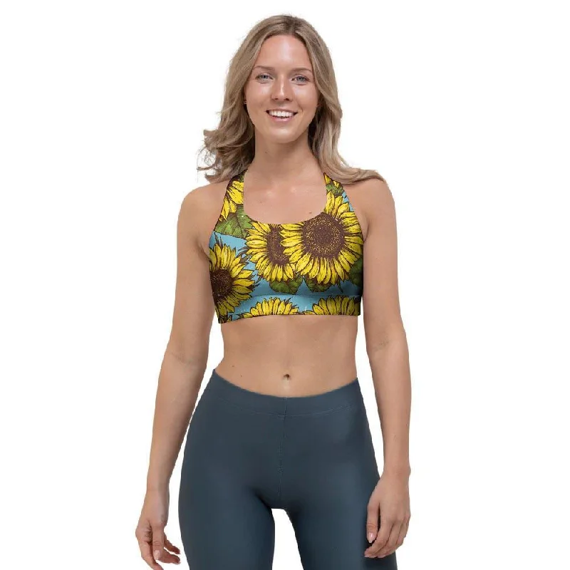 Blue Sunflower Print Sports Bra Full Support Bra