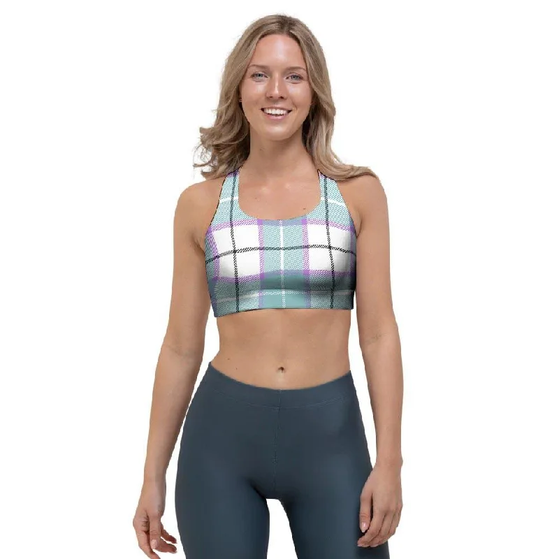 Blue Tartan Plaid Sports Bra Seamless Wireless Bra