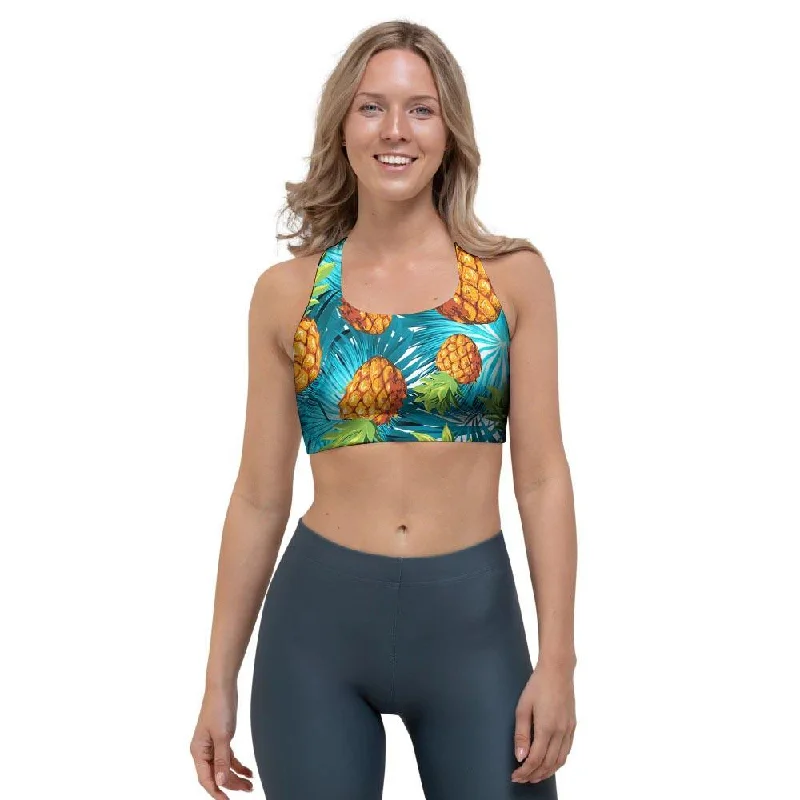 Blue Tropical Hawaiian Pineapple Print Sports Bra Elegant Lace Bralette