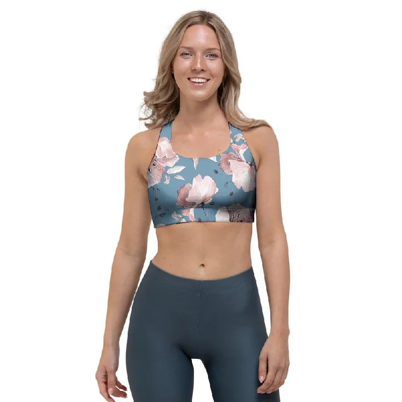 Blue Vintage Floral Print Sports Bra Supportive Sports Bra