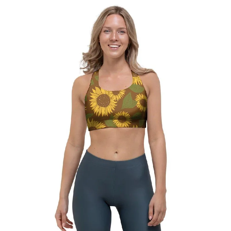 Brown Sunflower Print Sports Bra Seamless Wireless Bra